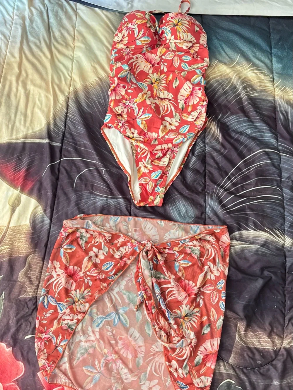 Catherine Malandrino Coral Floral One-Piece Swim Dress with Wrap Skirt